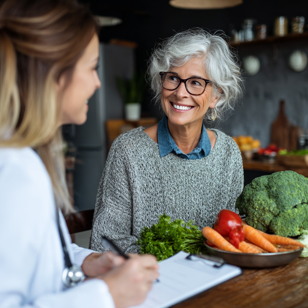 mature woman consulting with nutrition specialist about healthy meal planning