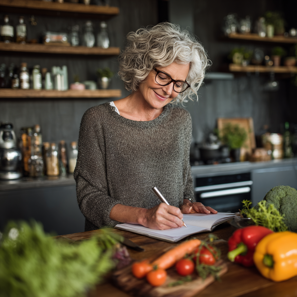 middle aged woman planning healthy meals in modern kitchen